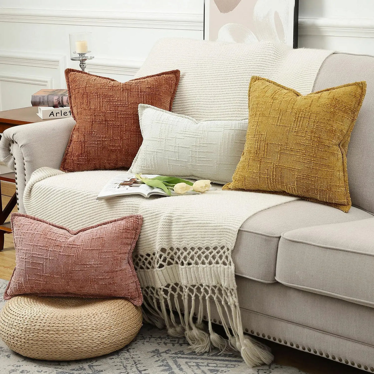 housse coussin tissée moutarde moderne 45x45cm polyester non toxique respectueux environnement décoration salon chambre