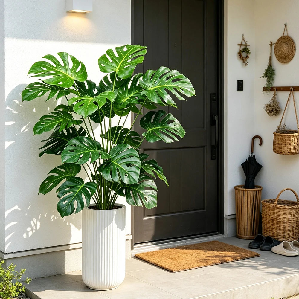 Décoration maison plante artificielle monstera feuilles vertes pot cannelé tropical moderne bohème
