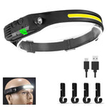 lampe frontale rechargeable led ipx4 camping pêche ceinture ajustable sensor switch noir jaune