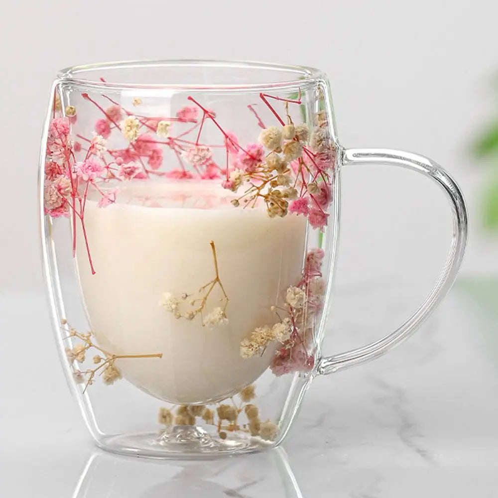 tasse verre double paroi fleurs séchées rose bleu moderne 350ml transparent