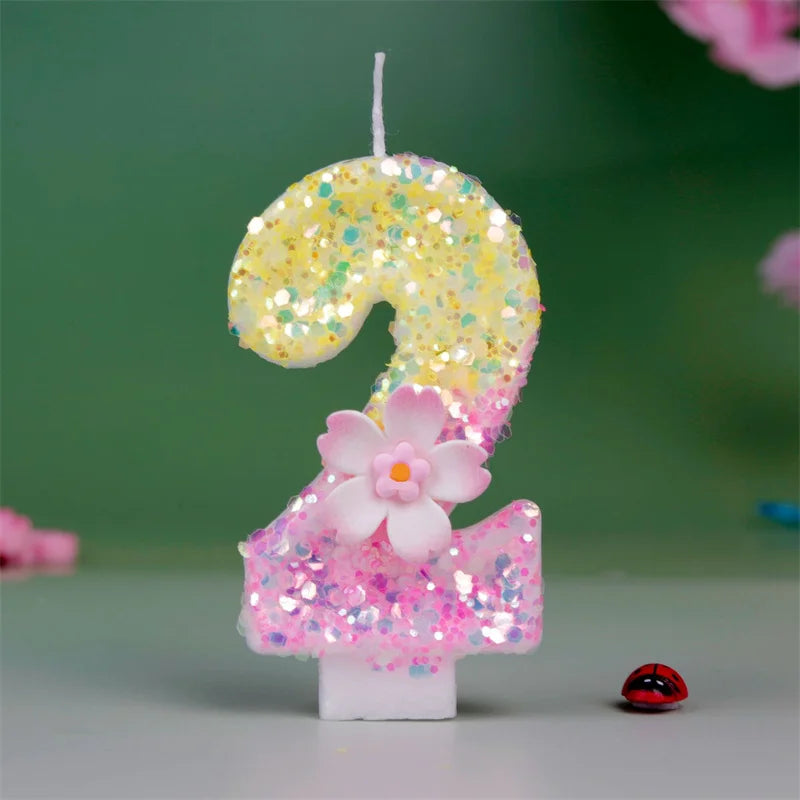 bougies numériques paillettes fleur relief anniversaire enfant décoratives jaune rose blanches