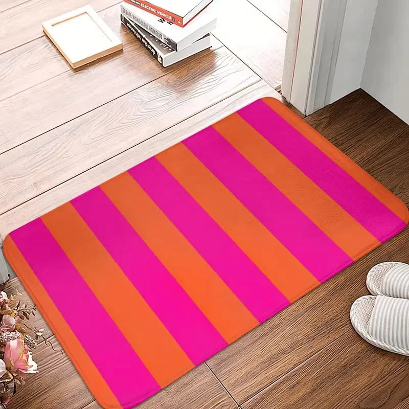 tapis sol moderne rayures horizontales noir blanc rose orange résistant antidérapant extérieur machine