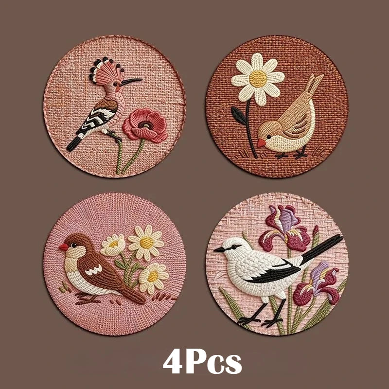 coasters oiseaux fleurs brodés rose marron beige tissu imitation chanvre traditionnels résistants chaleur