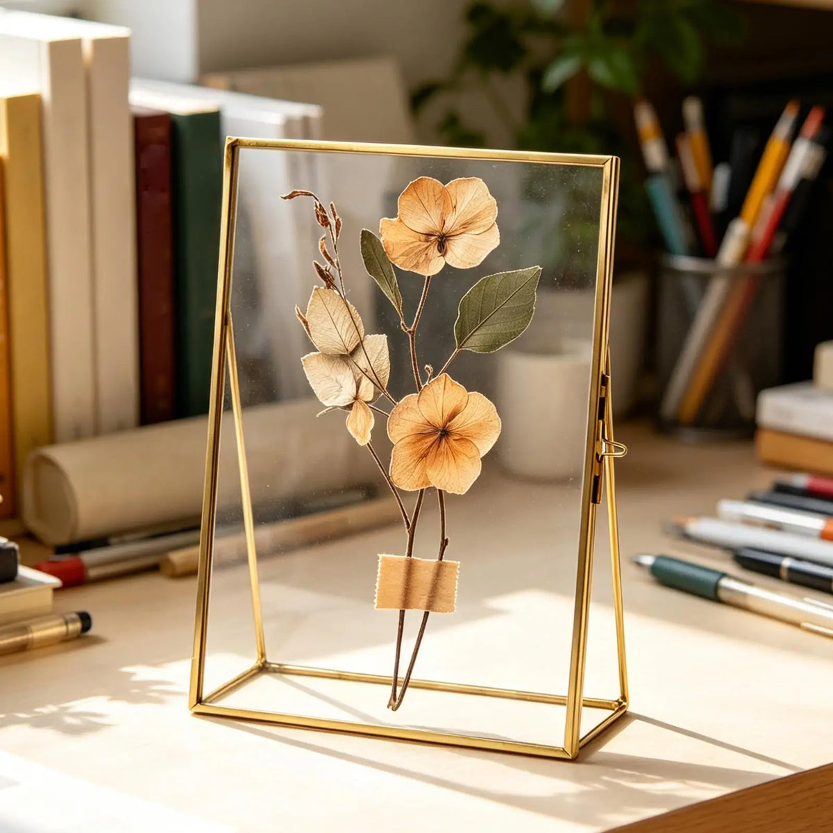 cadre photo flottant pied or noir transparent moderne feuilles séchées clip fixationintérieur décoration unique