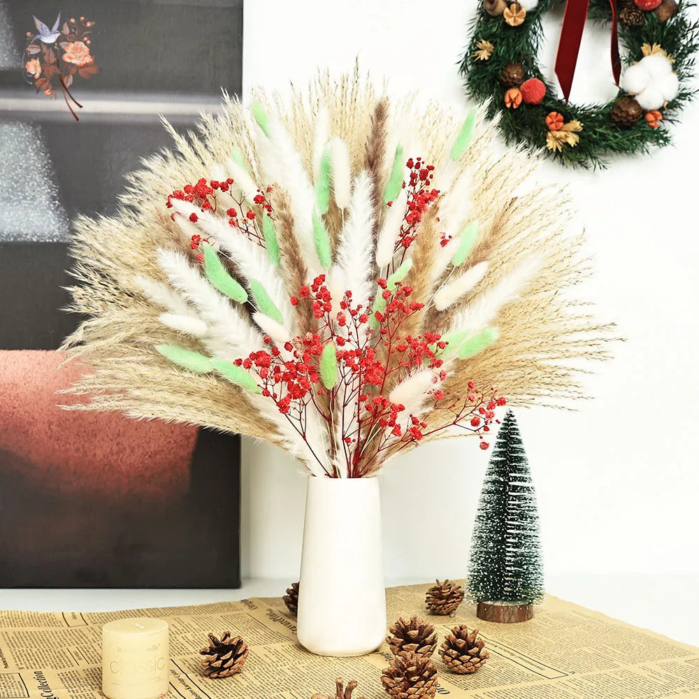 bouquet fleurs séchées naturel blanc beige vert rouge feuilles plumes vase blanc décoration maison