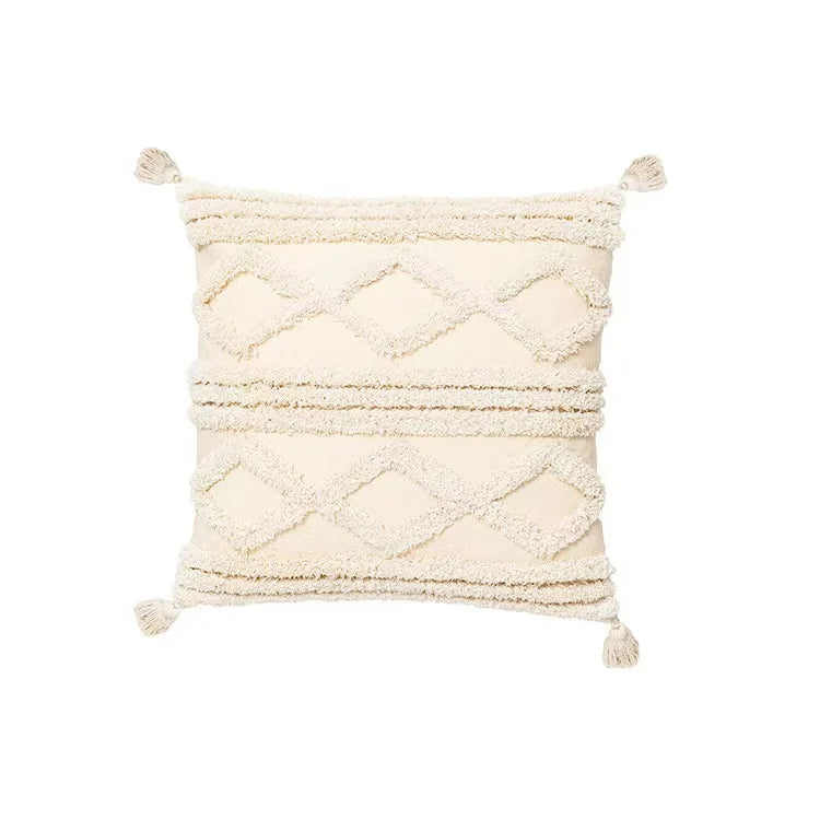 coussin brodé géométrique moderne toile coton couleur beige pompons décoratif