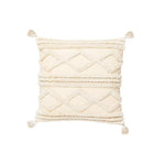 coussin brodé géométrique moderne toile coton couleur beige pompons décoratif