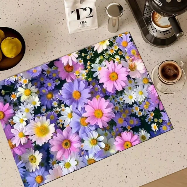 tapis cuisine multicolore fleurs vintage adhésif respectueux environnement jaune blanc vert rouge bleu chrysanthèmes