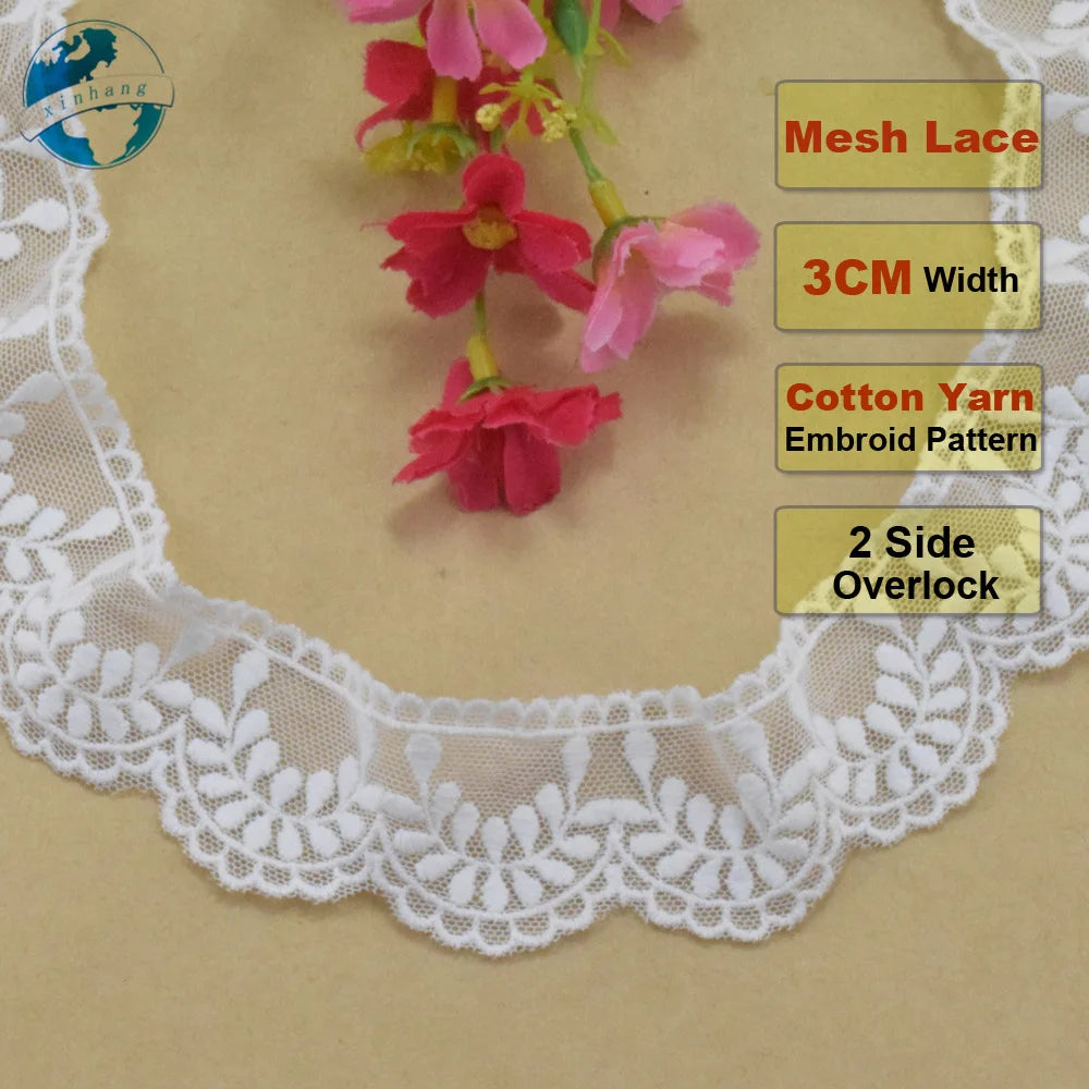 dentelle brodée feuilles blanc classique 3cm large translucide coton nylon écolo bricolage mariage