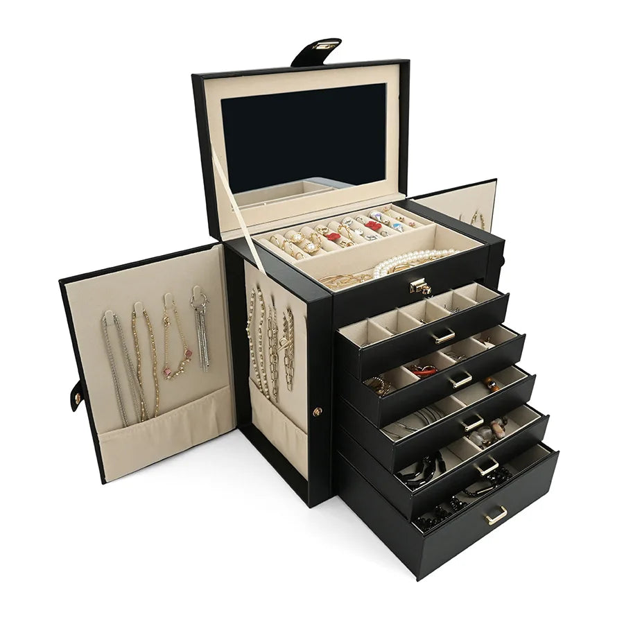 boîte bijoux simili cuir moderne noir rose blanc poignées métalliques rangements multiples velours intérieur