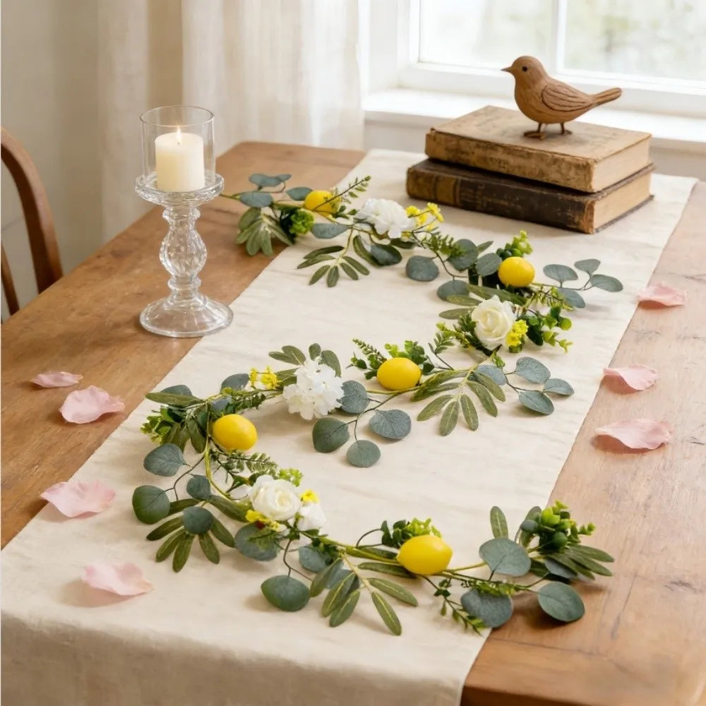 guirlande florale artificielle feuilles eucalyptus fleurs blanches citrons vertes rustique intérieur décoration naturelle occasion