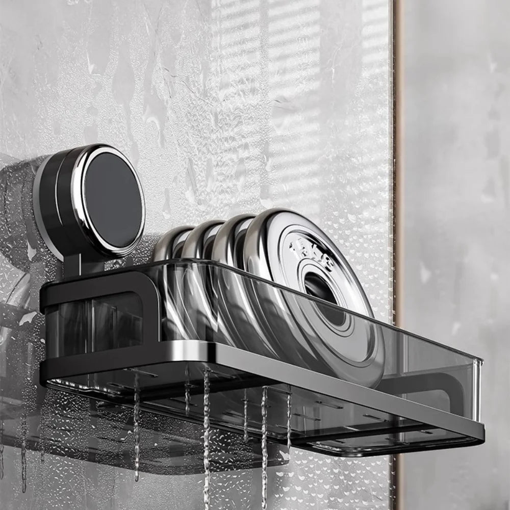 étagère salle bain moderne noir brillante adhésive minimaliste rangement pot crème pompe savon lotion
