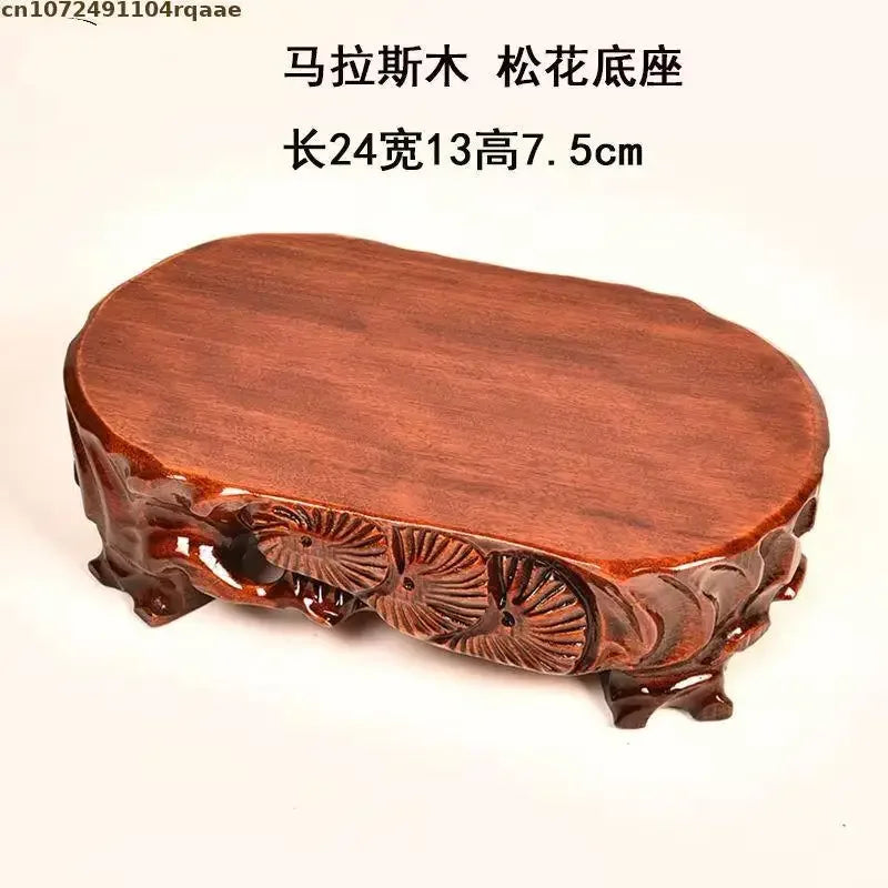 support bonsaï bois sculpté motifs floraux artisanal marron foncé unique présentation plante fleur
