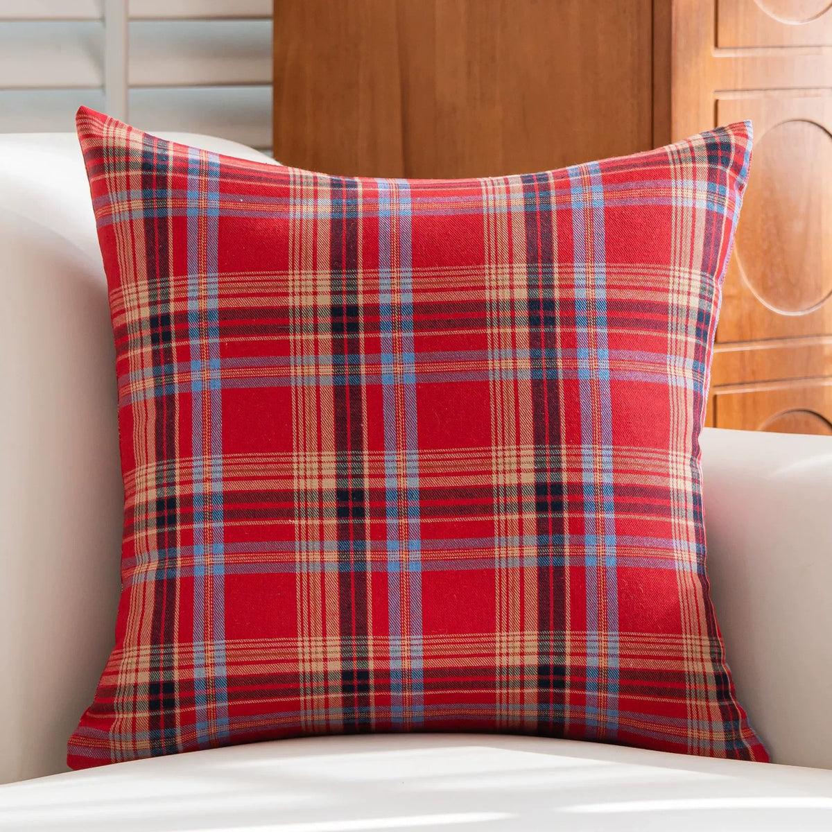 ensemble deux housses coussin carrées motif tartan vert rouge décoration maison traditionnel