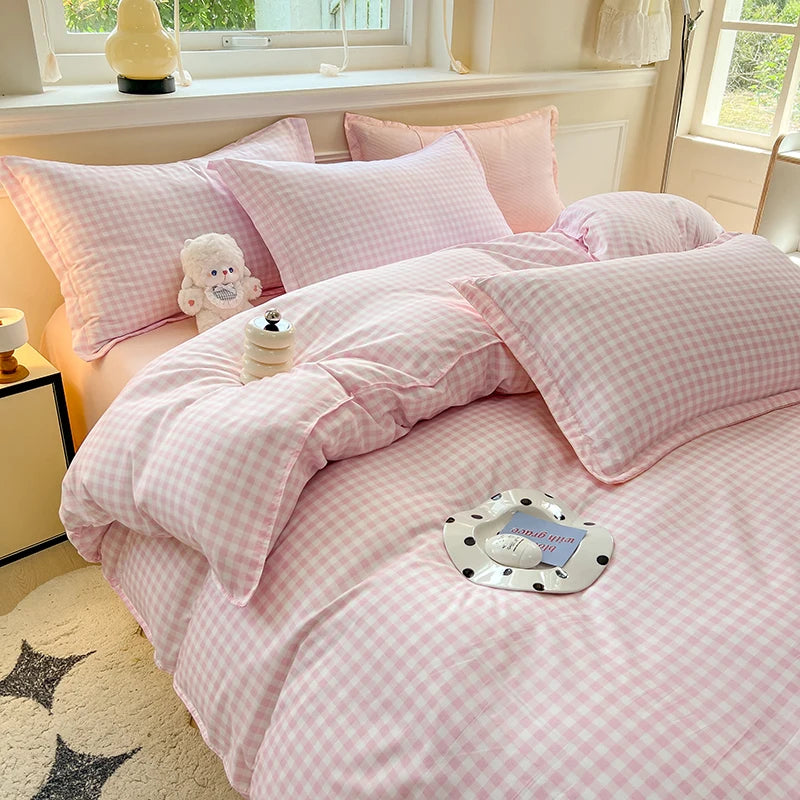 housses couette taies d'oreiller ensemble lit carreaux vichy jaune rose bleu gris minimaliste