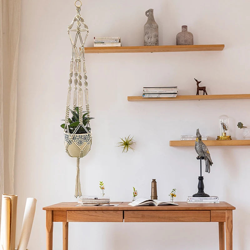 support plante suspendu macramé blanc boho artisanal anneau métallique pot plante