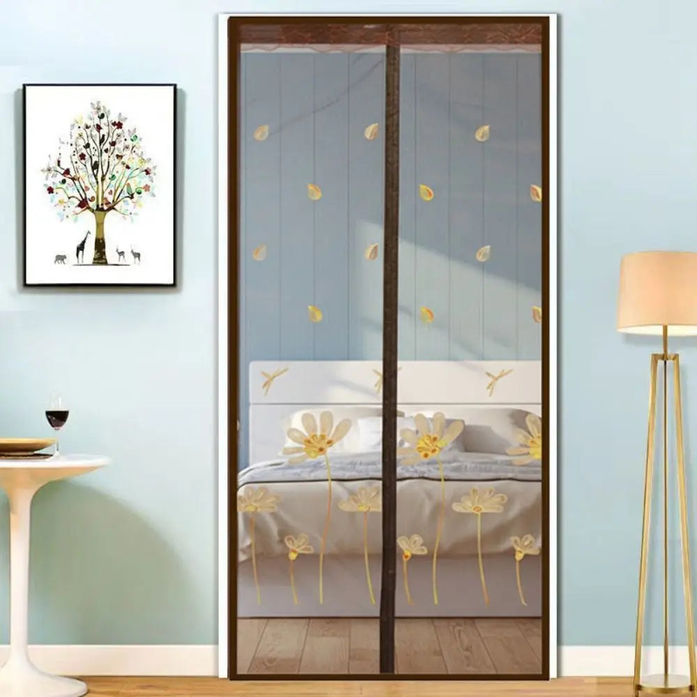 rideau porte moderne gris translucide fleurs dorées motifs géométriques bien ventilé anti insectes