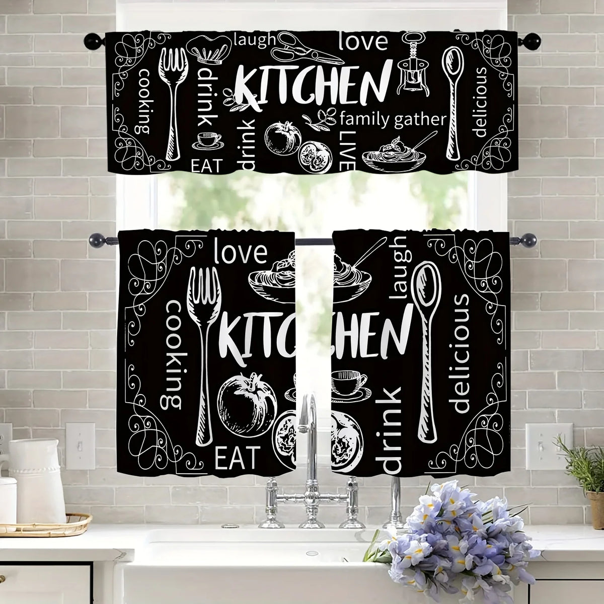 rideau cuisine noir blanc motifs ustensiles vintage semi transparent salon
