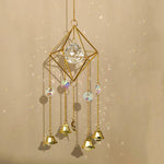 mobile décoratif cristal transparent métal doré cloches chaînes décoration fenêtre jardin intérieur moderne géométrique