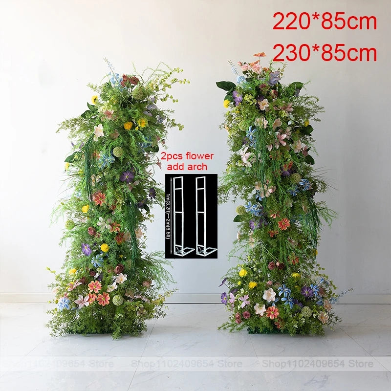 décoration murale bouquet fleurs artificielles roses blanches jaunes bleues feuilles vertes mariage fête événement