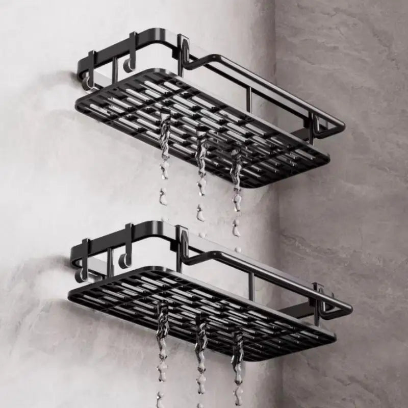 étagère salle bain adhésive noire moderne grille perforations serviette brosse dents góc nhìn khách