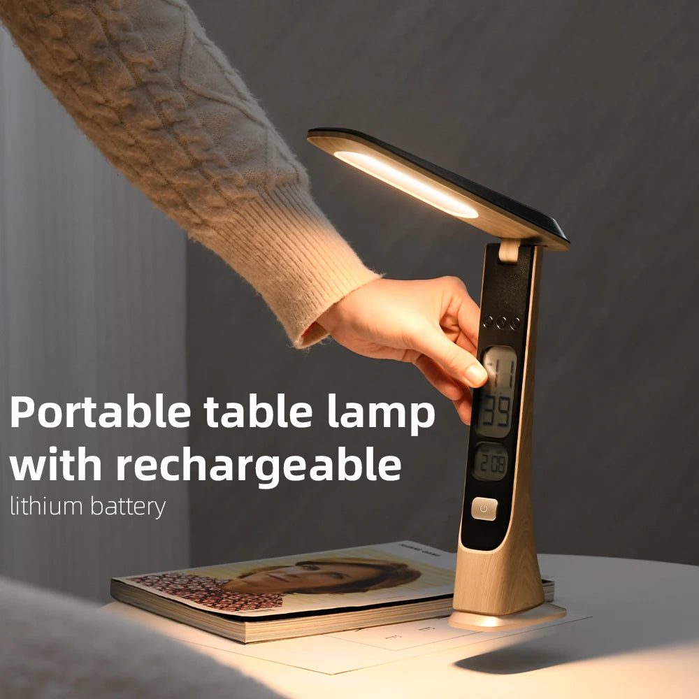 lampe table rechargeable or noir grain bois élégante affichage numérique tactile pliable contemporaine economie