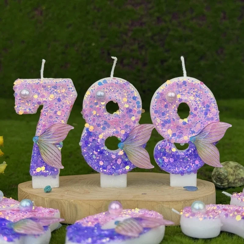 bougies anniversaire chiffres violet paillettes pois dorés thème sirène festive mariage