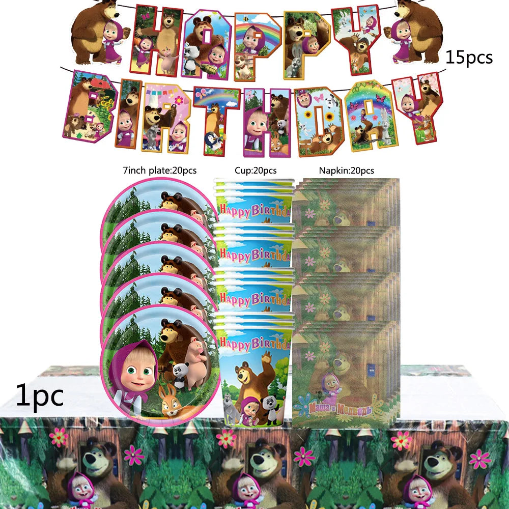 ensemble vaisselle jetable masha ours assiettes gobelets serviettes anniversaire enfant cartoon