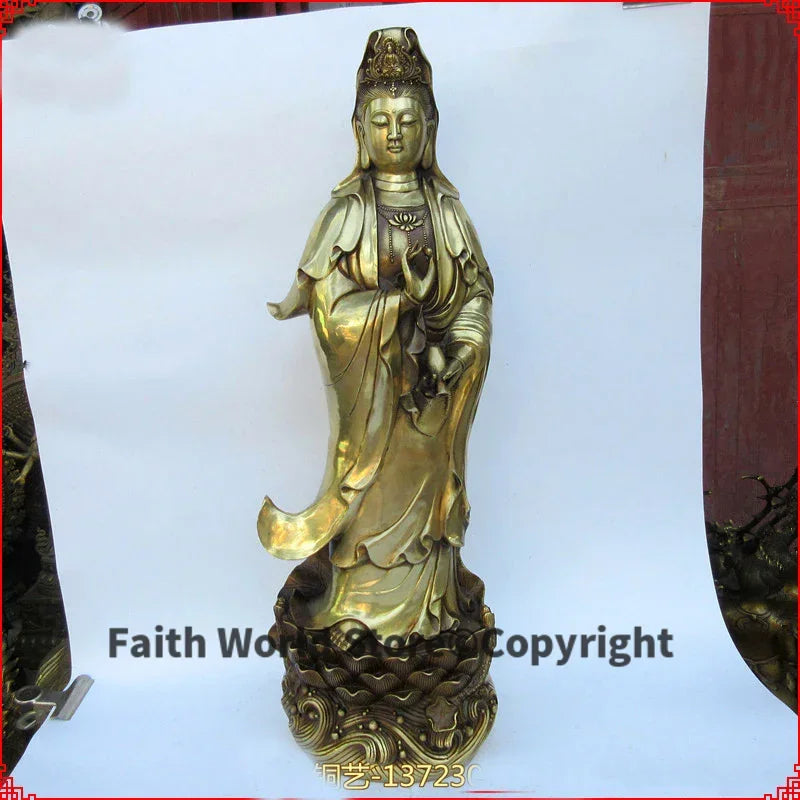 statue bouddhiste or lisse base motif floral cuivre traditionnel asiatique grande decoration maison hall