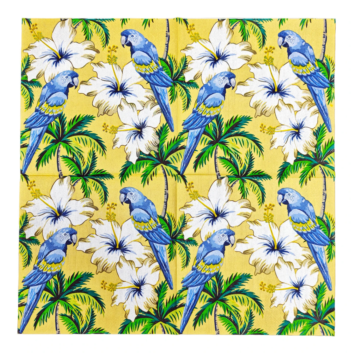 serviettes table papier motif tropical perroquets fleurs palmiers jaune bleu vert hibiscus pliées dépliées
