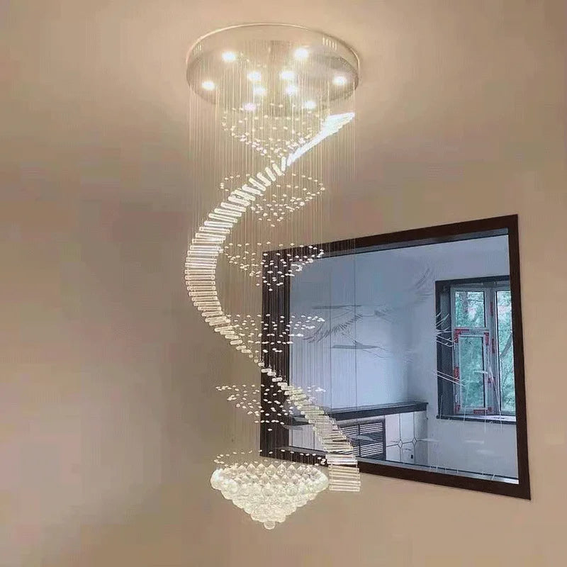 lustre suspension cristal transparent moderne éclairage escalier salon hall maison luxe