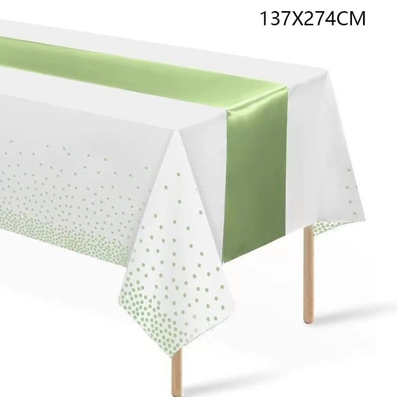 nappe blanche étoiles dorées chemin table vert satiné festif anniversaire mariage enfantsDecorationTableFestiveModernestyleSageGreen