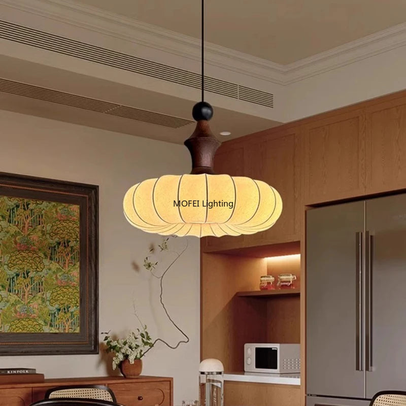 lampe suspendue moderne tissu blanc brun rayures diffuseur bois naturel salon chambre étude 6500K