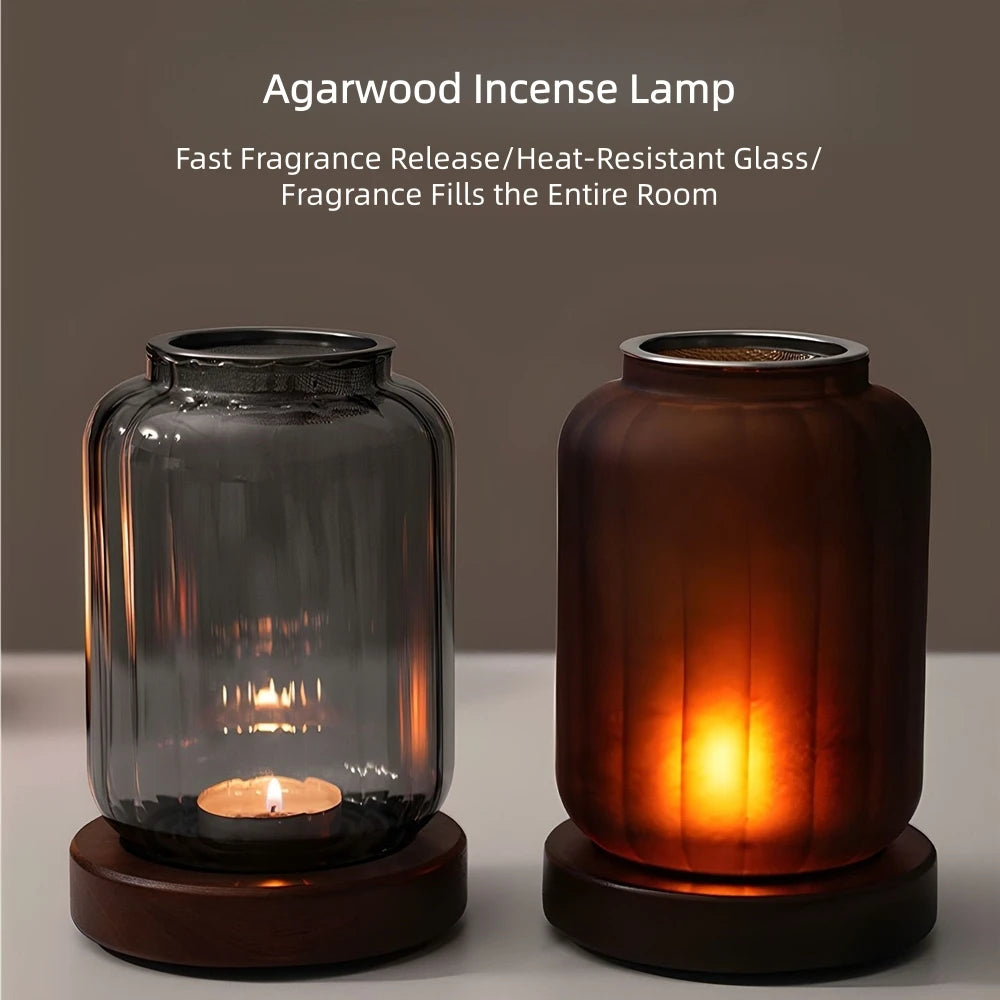 lampe encens moderne minimaliste base bois marron foncé transparent aromathérapie diffuseur apaisant calme