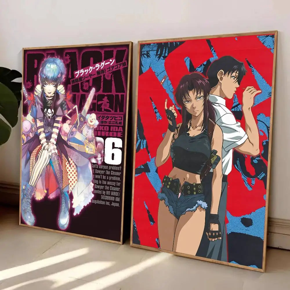affiches manga bleu noir illustrations personnages japonais cadre bois décoration moderne