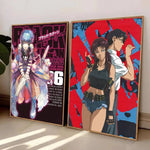 affiches manga bleu noir illustrations personnages japonais cadre bois décoration moderne
