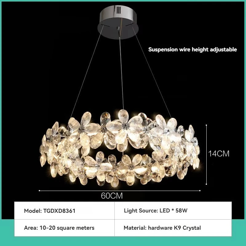 Suspension lumineuse moderne transparente argentée fleurs cristal 3000k 6000k chambre salon