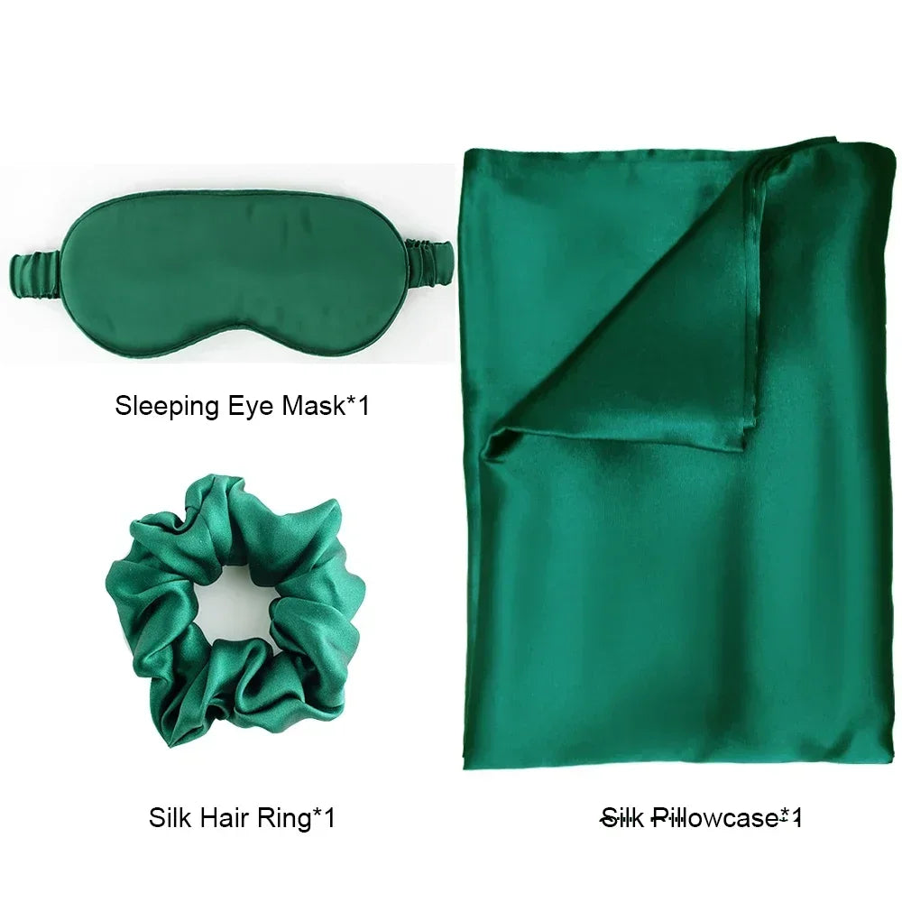 ensemble taie d'oreiller masque sommeil scrunchie soie naturelle vert foncé satiné élégant moderne