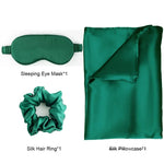 ensemble taie d'oreiller masque sommeil scrunchie soie naturelle vert foncé satiné élégant moderne