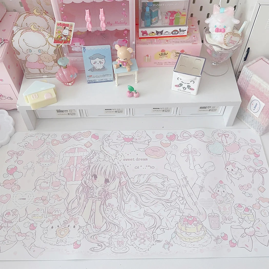 tapis illustration fille mignonne gâteaux coeurs blanc rose pastel doux