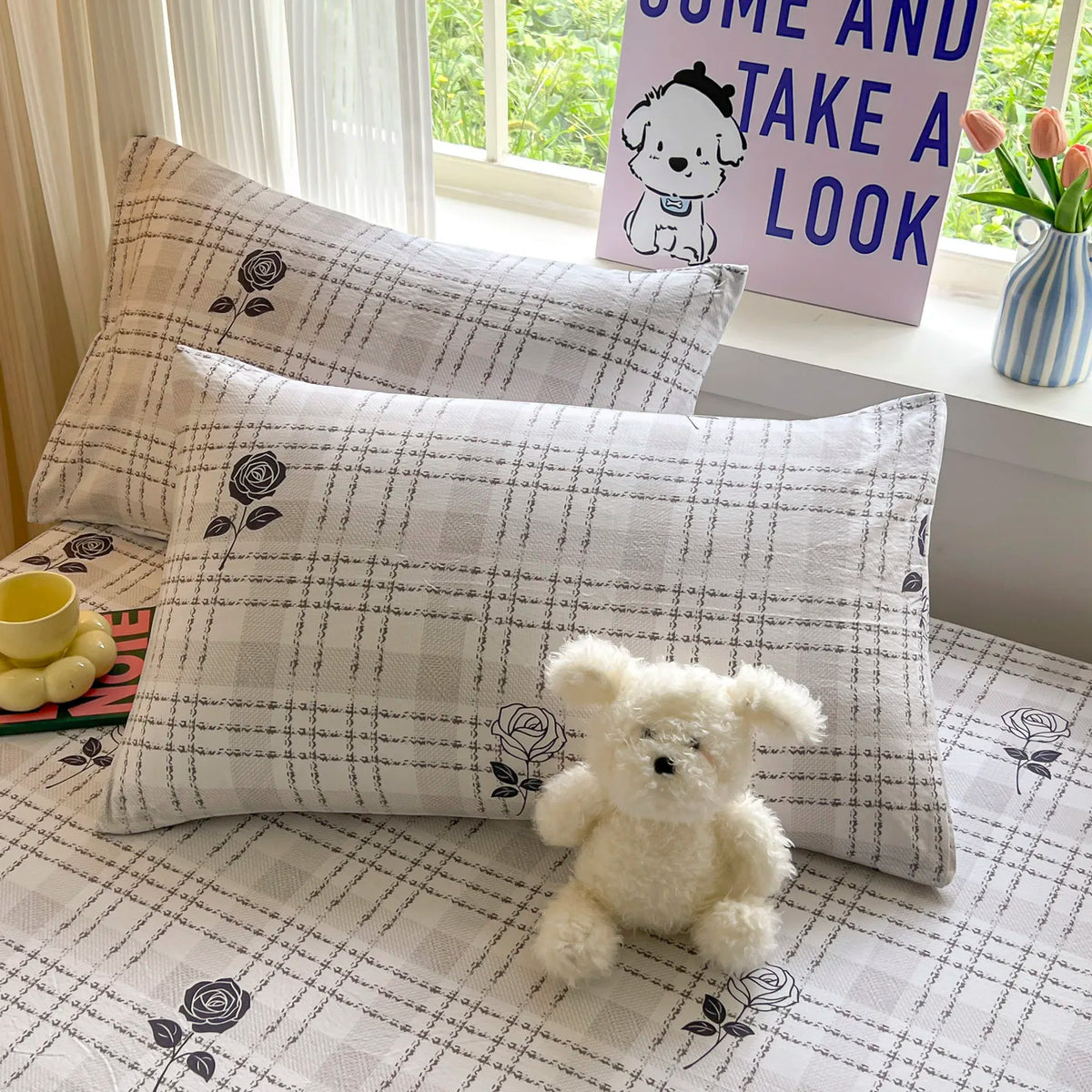 draps lit coton polyester houssable adultes carreaux gris roses modernes 120x200 150x200 180x200 200x220