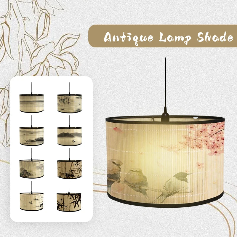 abat jour artisanal bambou illustration paysage oiseaux fleurs tringle contemporain