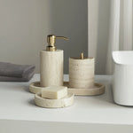 ensemble accessoires salle bain travertin beige distributeur savon plateau pot coton diffuseur moderne