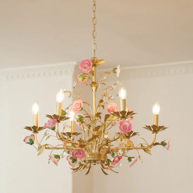 lustre suspendu led rose céramique fleurs cristaux classique interrupteur tactile chambre salon