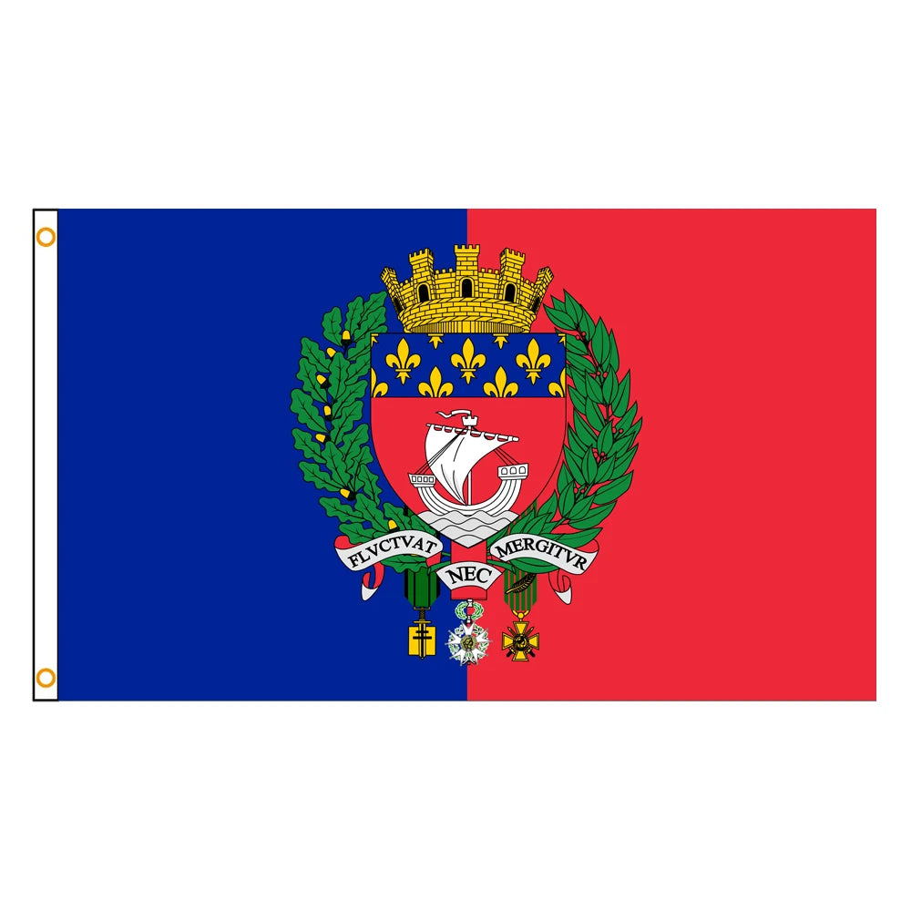 drapeau armoiries parisien bleu rouge super tex polyester couronnes dorées fleurs blanches texte classique