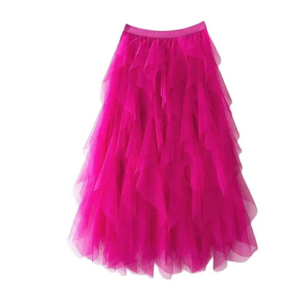 jupe tulle plissée rose noir élégante féminine asymétrique mi mollet translucide junior femme