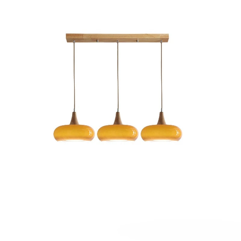 suspension lumineuse moderne orange bois naturel opacité chaînes métalliques salon restaurant étude chambre exposition