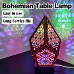 lampe table boho chic motifs géométriques multicolore rouge bleu vert jaune lumière led translucide
