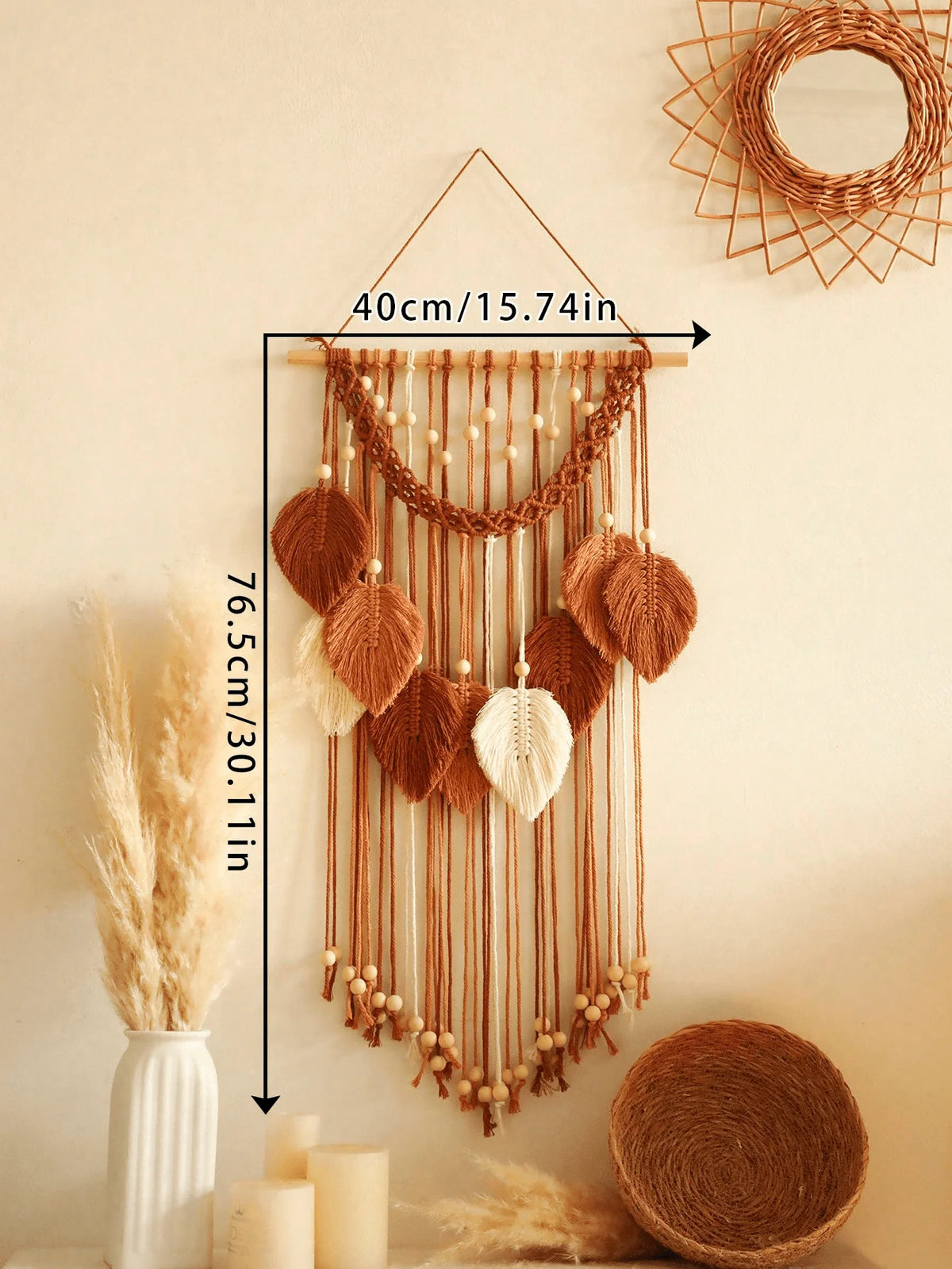 tapisserie murale macramé feuilles bois boho tressé coton lavable marron beige