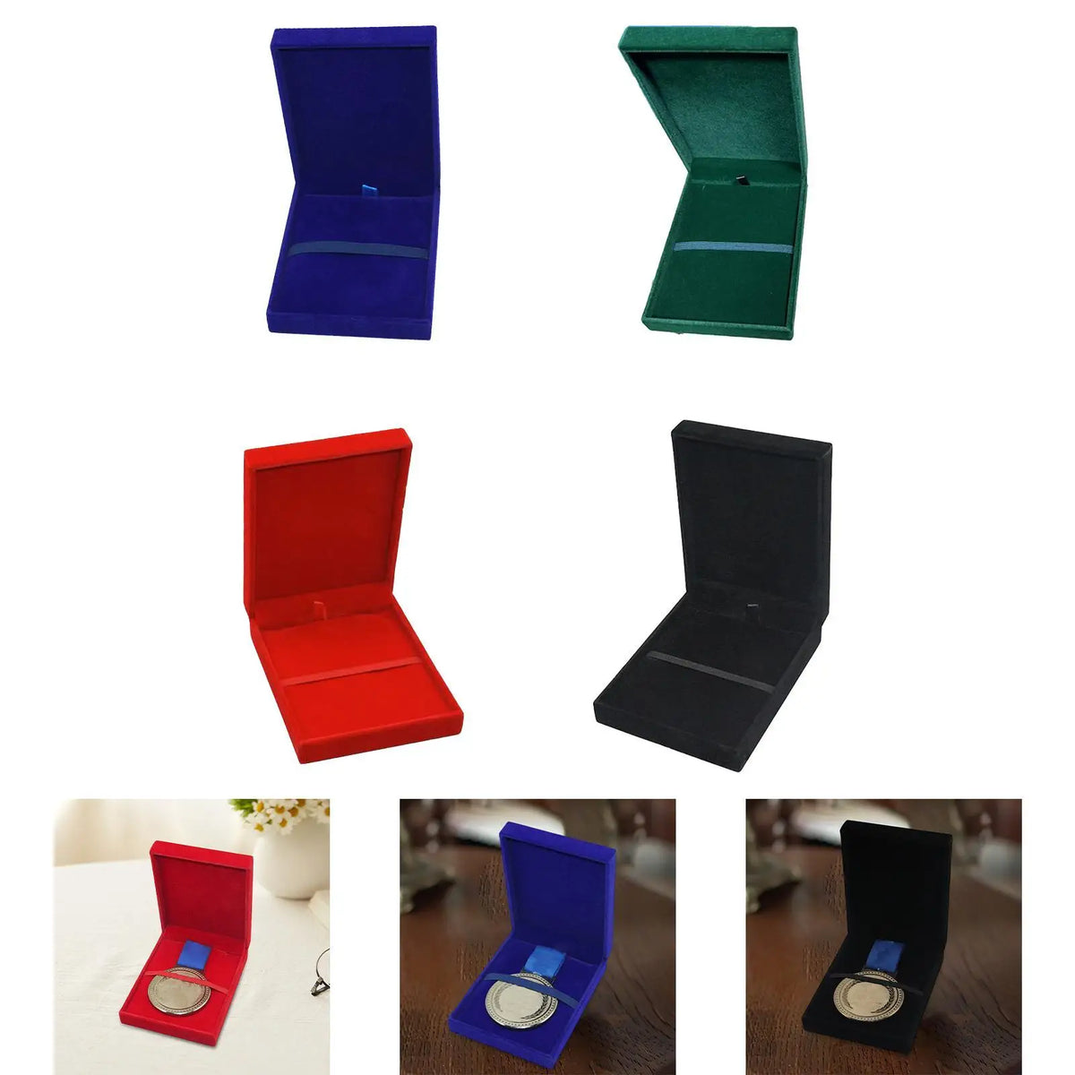 boîte médailles velours uni rouge verte bleue noire classique anti poussière collecte sports